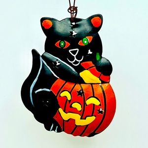 🐈‍⬛🐈‍⬛🐈‍⬛ Black Cat & Pumpkin Rustic Tin Ornament Essential Oil Home Decor